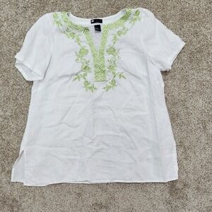Carole Little Woman 1X White Linen Blouse Green‎ Embroidered Boho Tunic Top